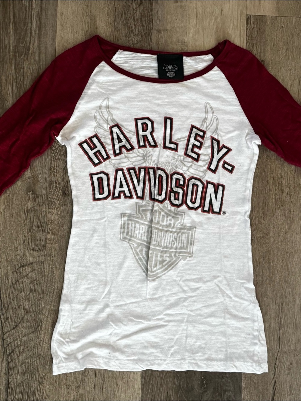 Harley-Davidson White Tee with Maroon Raglan Sleeves